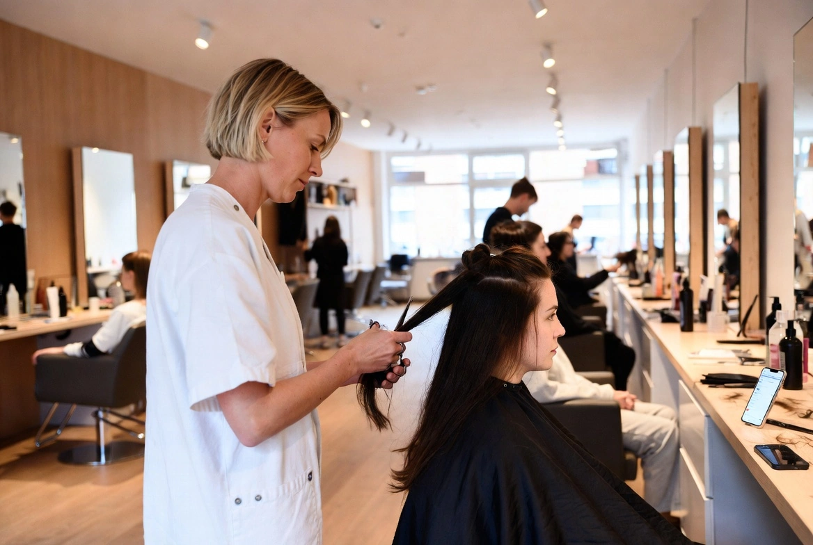 Frisør i en dansk salon klipper en kunde, mens en ny chatbesked lyser på en skærm ved siden af